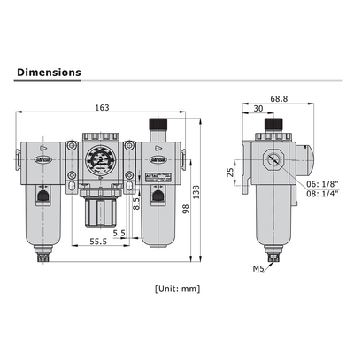 GTC20008LNT AIRTAC SMALL FRL ASSEMBLY<BR>GTC200 SERIES 1/4" NPT P-FILT, REG, LUB 20-58 PSI 40 MIC NO GA
